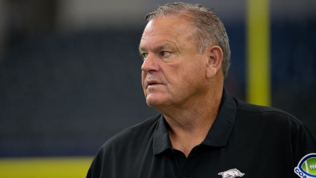 Razorbacks coach Sam Pittman in game against Texas A&M at AT&T Stadium